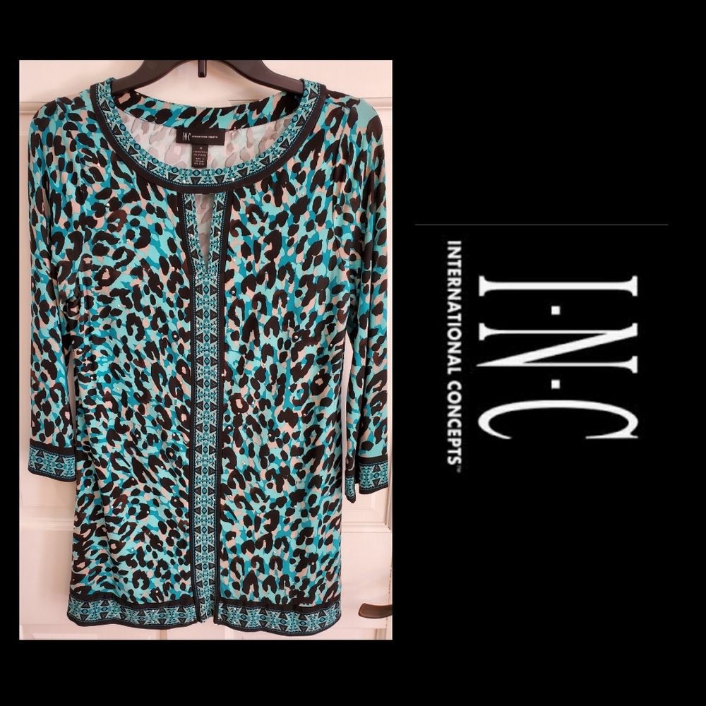 INC | Medium Teal & Black 3/4 Sleeve Top Tunic EUC